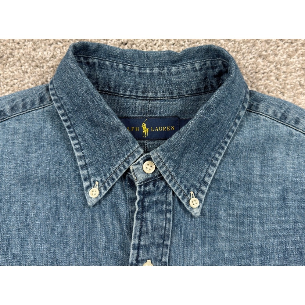 Polo Ralph Lauren Shirt Mens L Chambray Flesh Pony Button Down Blue - Picture 9 of 13